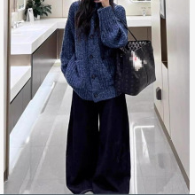 韩系针织衫外套女2025秋冬新款长袖上衣中长款蓝色宽松加厚毛衣女