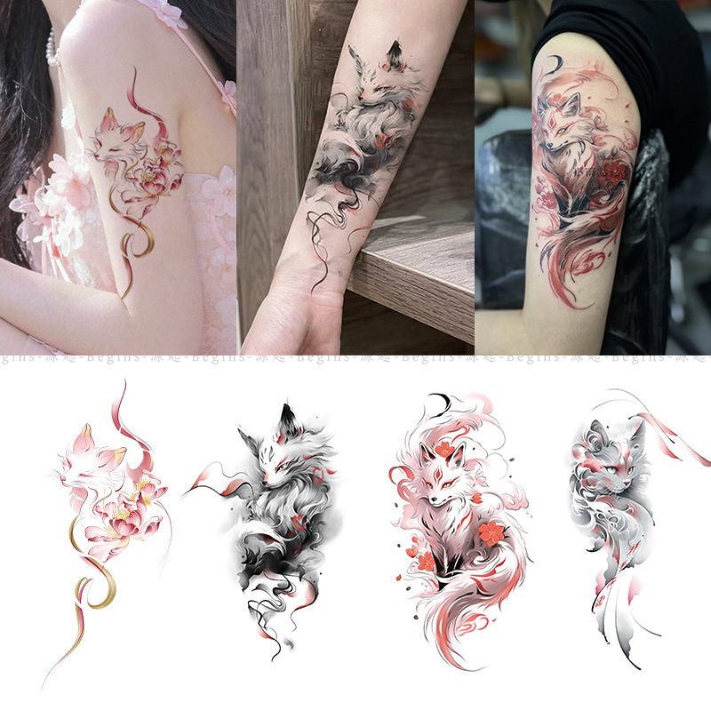 Chinese Style Nine-Tailed Fox Series Tattoo Stickers - Good Luck Ink Style Waterproof Long-Lasting Semi-Permanent Tattoo Stickers for Girls' Arms