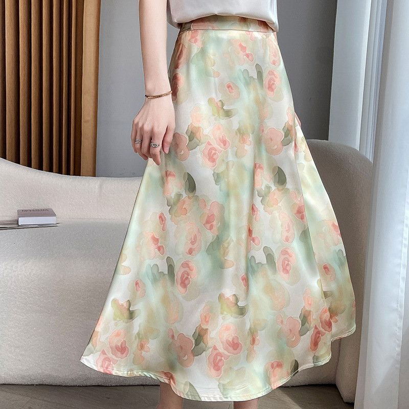 夏季新款法式浪漫印花中长款半身裙女垂感气质高腰醋酸缎面A字裙