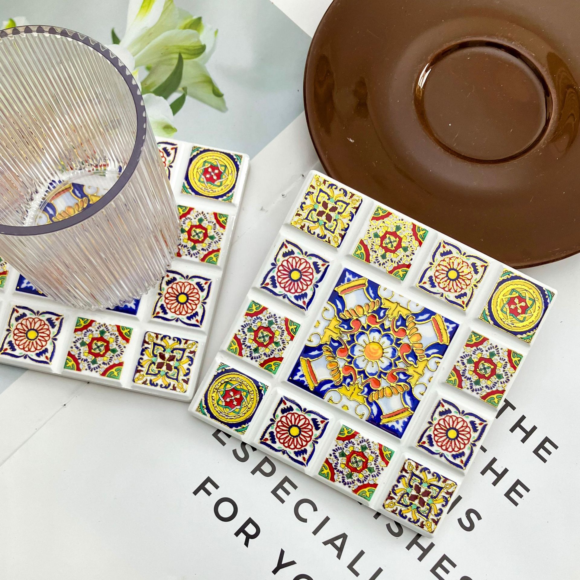 Transfronterizos nueva forma de chocolate cuadrado 3D estampado en relieve estampado taza almohadilla aislante de corcho estilo nacional retro