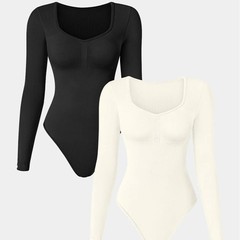 欧米の人気シームレスニット長袖vネックヨガスポーツレオタード