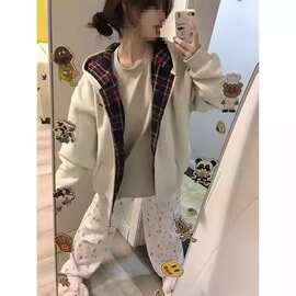 【华棉复合】美式复古格子大码卫衣外套女秋冬oversize宽松廓形