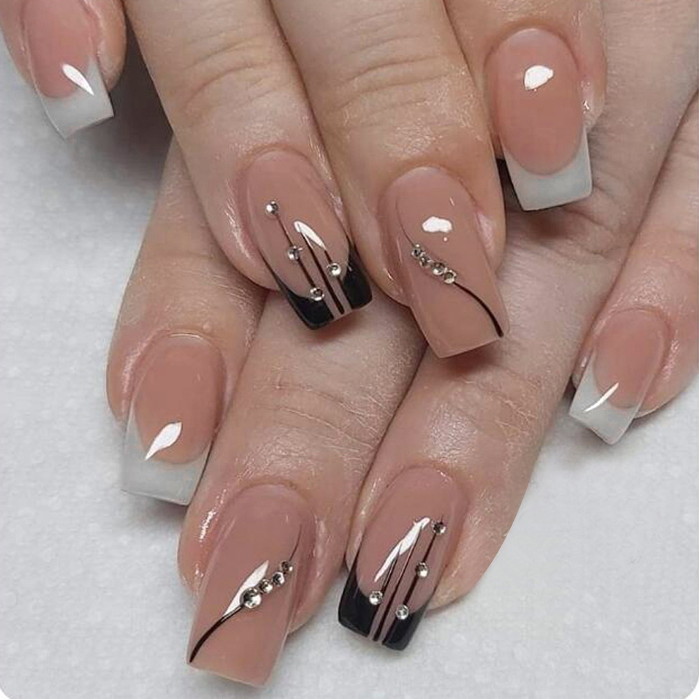 Europa, América, blanco y negro, estilo francés, diamante de manicure, moda exquisita, uso de uñas largas, 24 piezas de parche de uñas terminadas