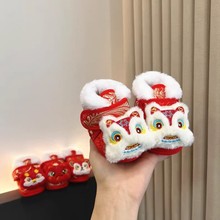 新年新款宝宝过新年虎头鞋袜冬0-12月加绒保暖婴儿红色喜庆棉鞋