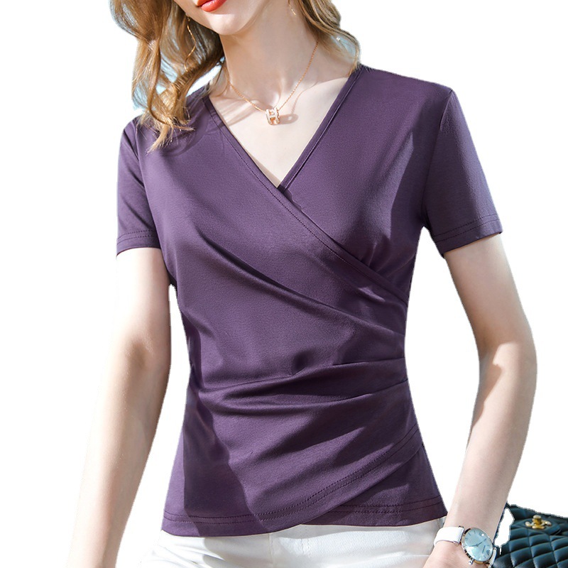 Camiseta de manga corta de algodón mercerizado de doble cara para mujer verano 2023 nueva camiseta de algodón con cuello en v cruzado para mujer cintura plisada top