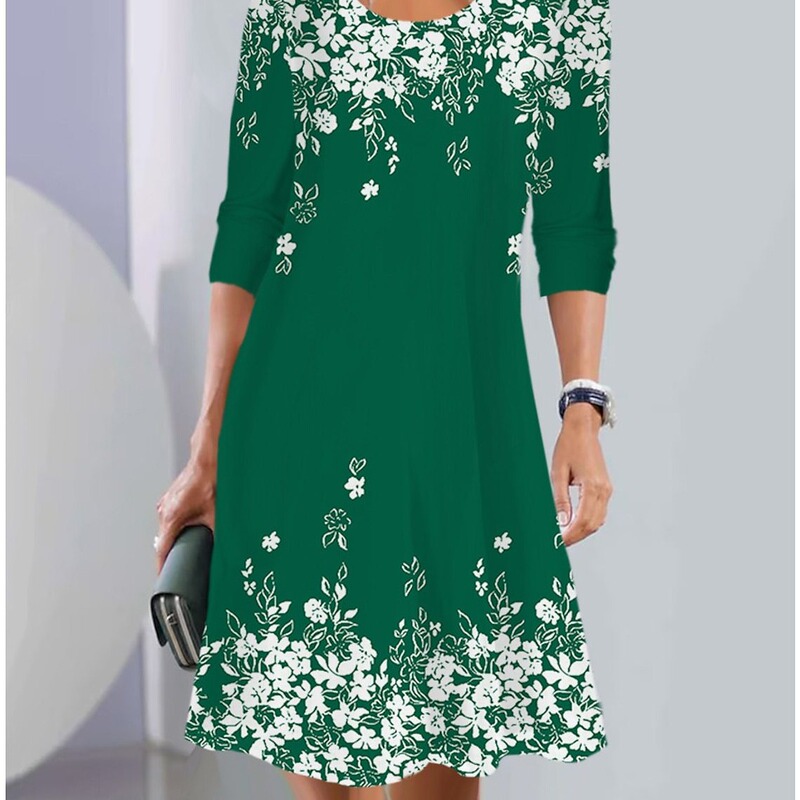 Women's summer dress floral print round neck mini dress fashion Street outdoor Daily long sleeve loose