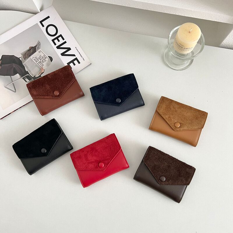 Matte Leather Short Wallet 70% off Women's Suede Genuine Leather Multi-Card Slot Color-Blocking Large Capacity First-Layer Cowhide Simple Wallet