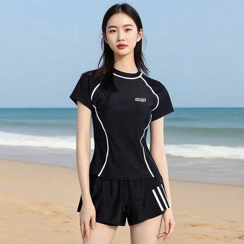 Women's One-piece Short Sleeve Conservative Hot Spring Swimming Pool Plus Size Body-Concealing Slimming Student Swimwear