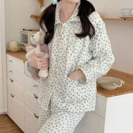 韩国ins女士秋冬新品韩版夹棉 韩系少女温柔翻领田风家居服睡衣女