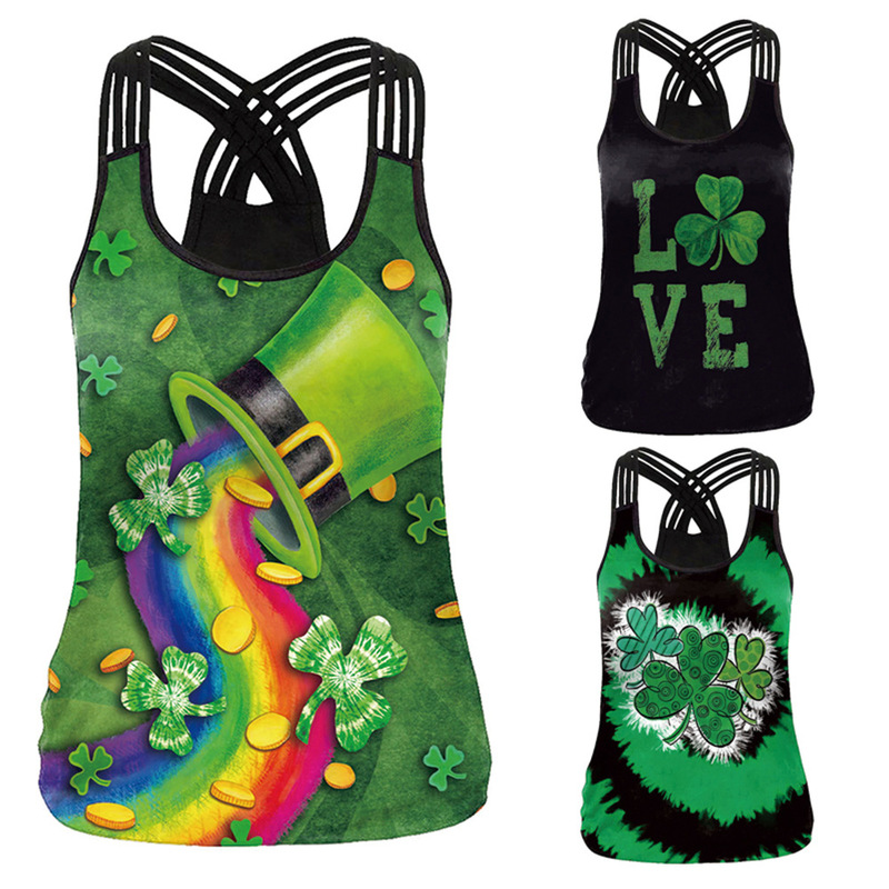 Cross-Border Supply Summer New Irish Clover Digital Printed Camisole Casual Versatile Yoga Top