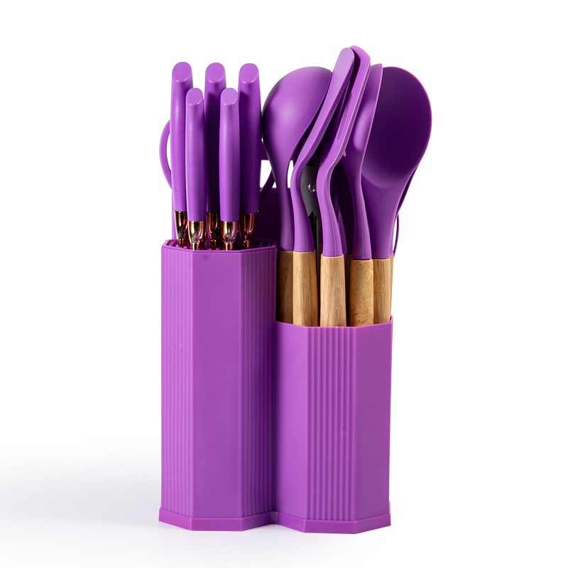 Mango de madera de cocina de silicona 19 piezas de cocina antideslizante antiadherente conjunto de cocina de aluminio