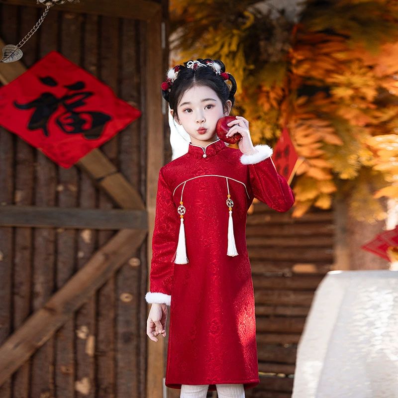 Красное кружево с плюшевым улучшенным новым китайским новогодним костюмом для девочек Cheongsam