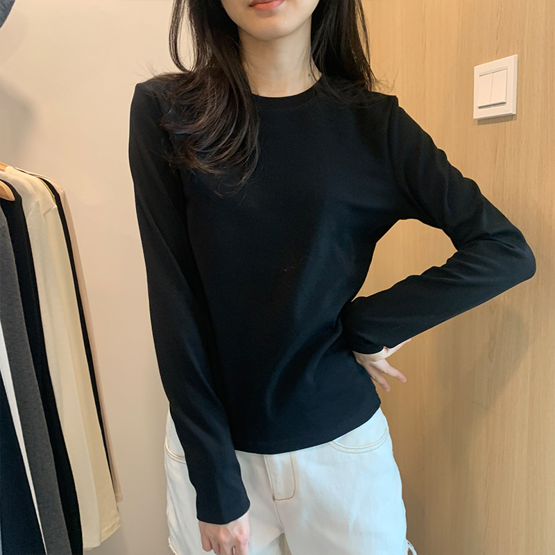棉质圆领纯色打底衫女春秋冬新款叠穿内搭修身长袖t恤上衣女 |undefined