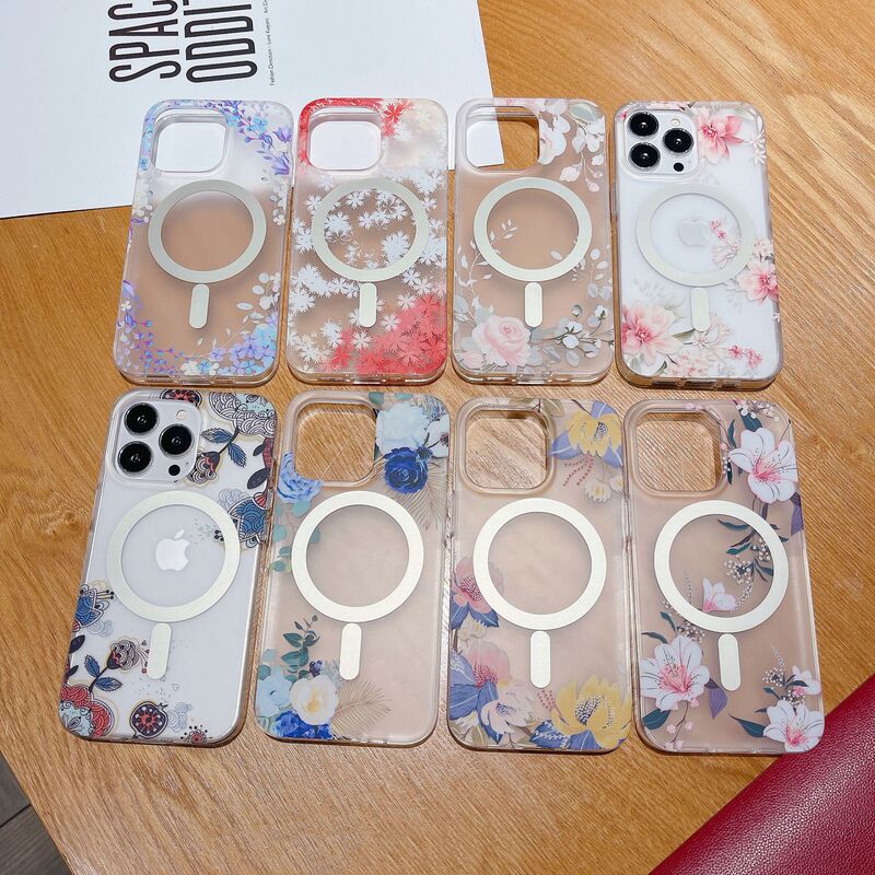 Frosted skin feeling flower iPhone16 strong magnetic suction phone case for Apple 14ProMax printing 15 cross-border