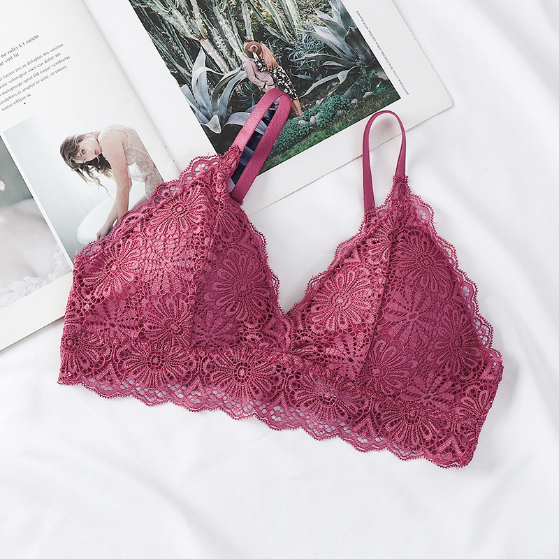 Sexy elegante encaje espalda envuelta pecho profundo V Correa suave piel-amigable ligero transpirable Copa cómodo sujetador inalámbrico