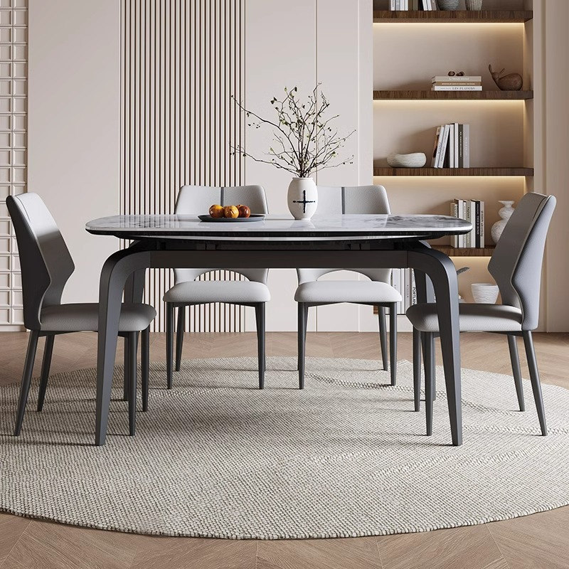 Mesa de comedor de tabla de roca retráctil de lujo ligera para hogares pequeños, simple y redonda, mesa de comedor plegable y silla combinada redonda