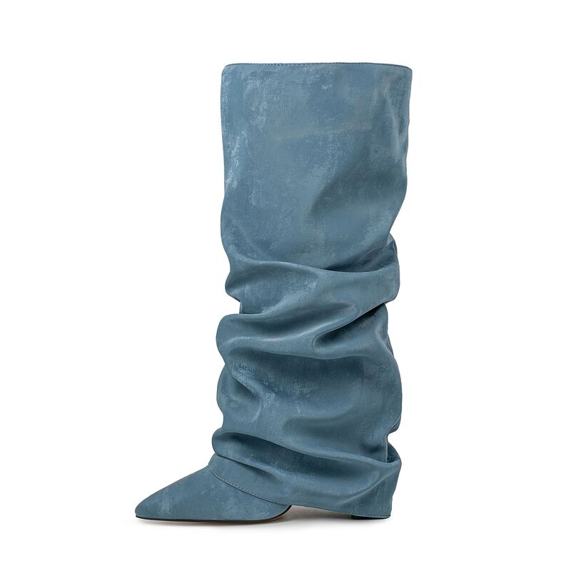 Cross-border Foreign Trade European and American Style Silk Pile Boots New Pointed Thick Heel Sleeve Pleated Heel Knee-high Boots Cross-border Foreign Trade European and American Style Silk Pile Boots New Pointed Thick Heel Sleeve Pleated Heel Knee-high Boots