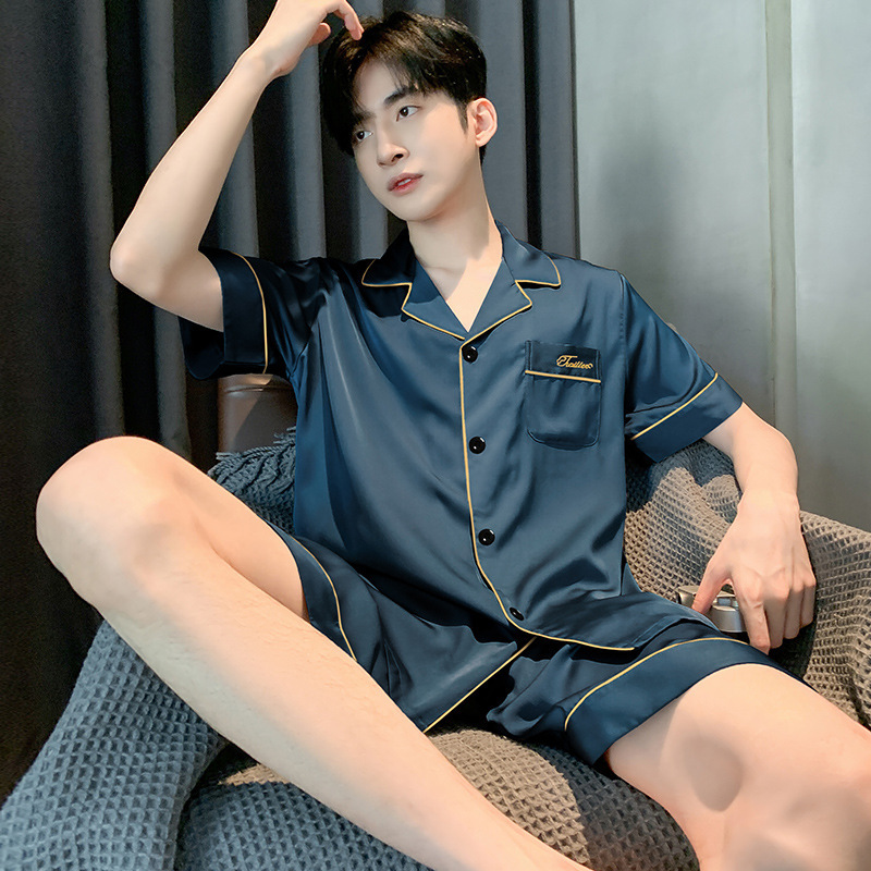 2026 New Men's Pajamas Ice Silk Summer Imitation Silk Thin Short-Sleeved Shorts Youth Casual Home Wear