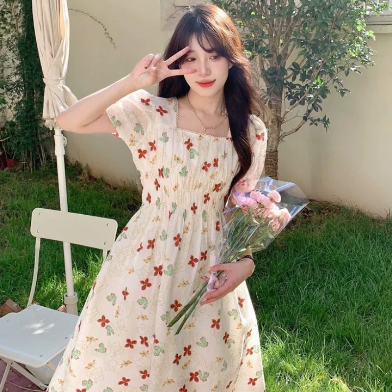 Трансграничные 2025 новые цветочные французские платья женские летние свежие сладкие темпераментные длинные платья с высокой талией элегантные юбки
