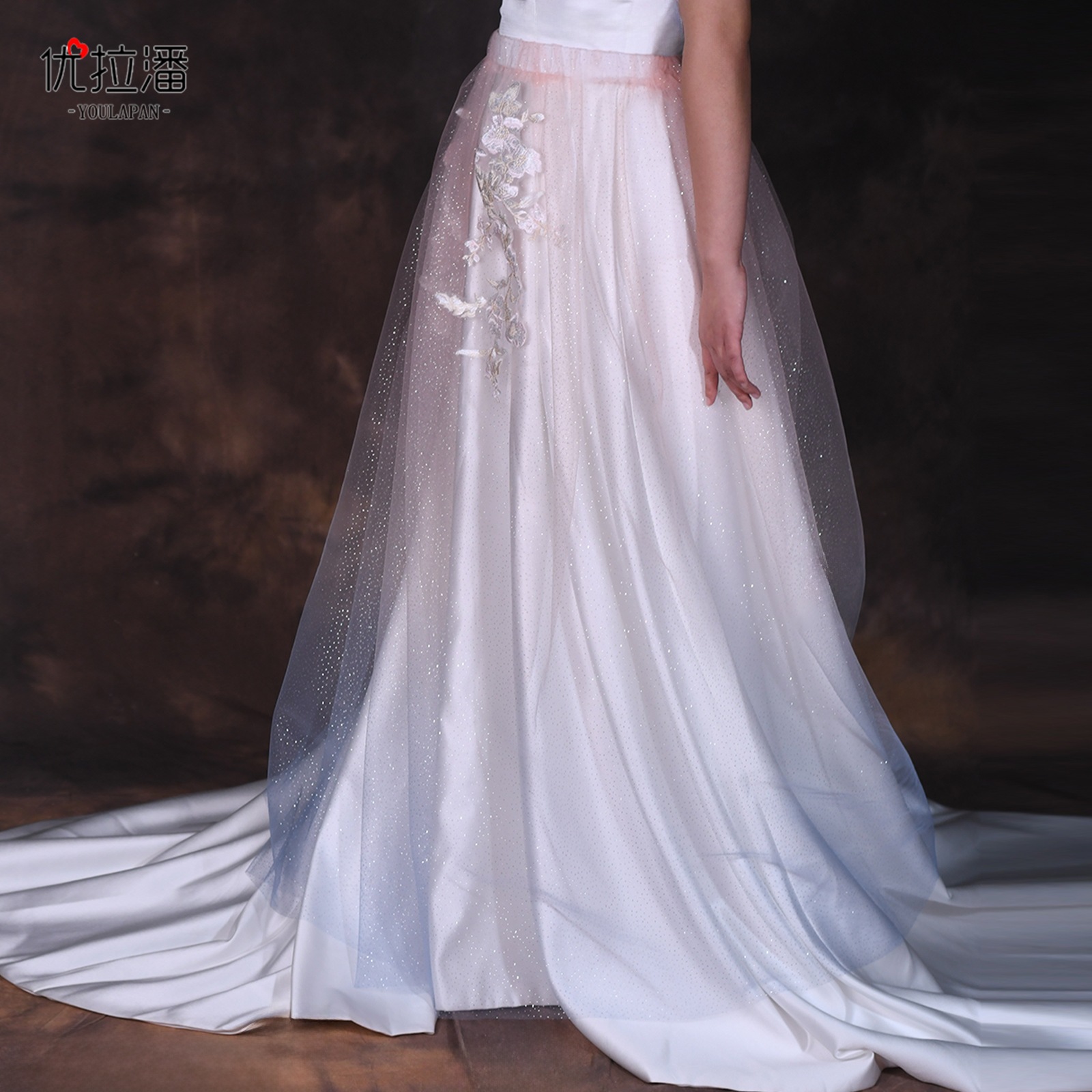 优拉潘 M152跨境网纱半身裙 一层渐变色洒金纱高腰中长款时尚罩裙