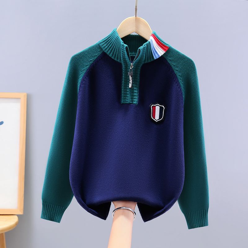 Boys' Sweater Large Children Autumn and Winter New fleece-lined Thickened Boys' Winter Clothes Children's Western Style Collar Zipper Sweater