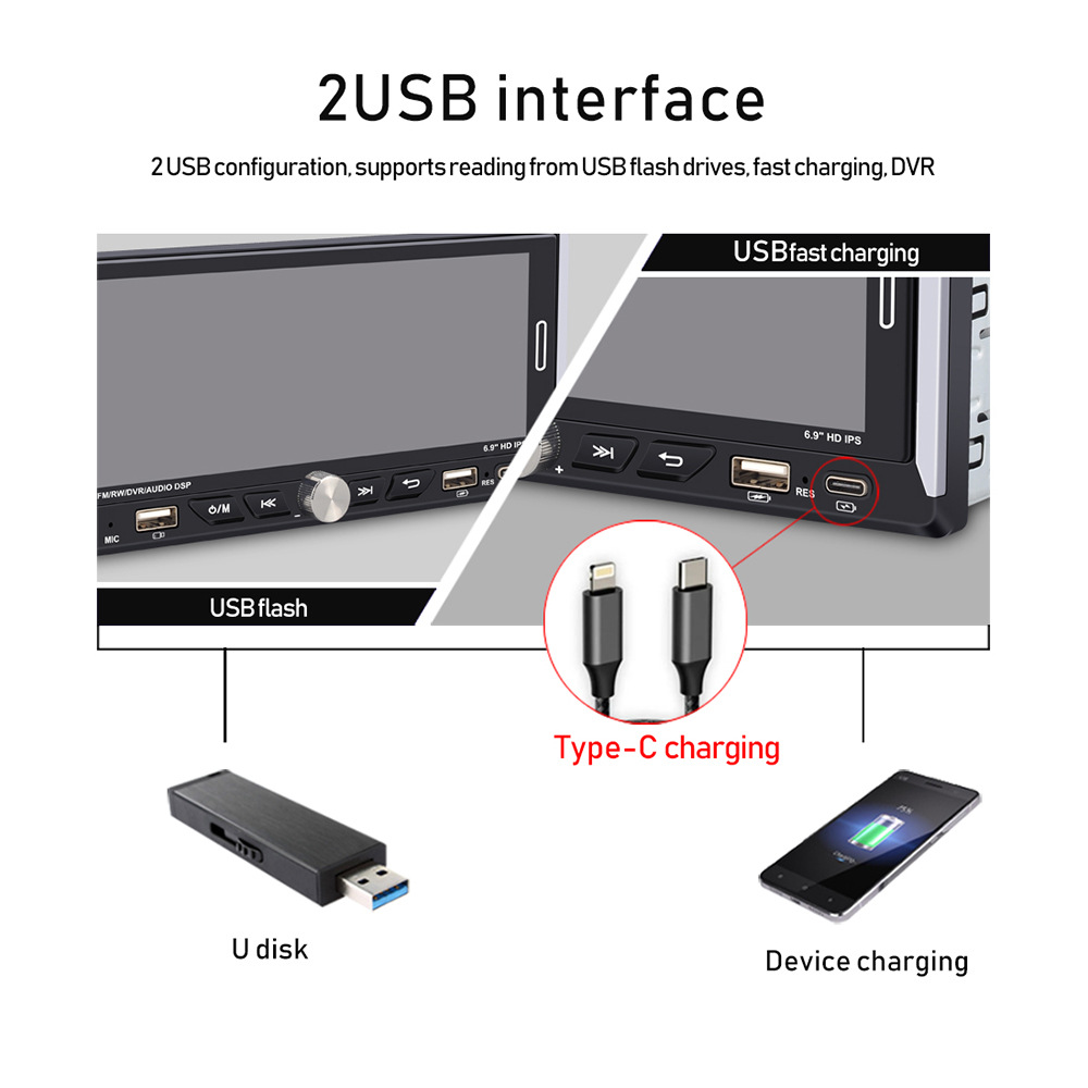 6.9inch Wireless Carplay Single-Core Ips Touch Screen Car Bluetooth Mp5 Player Dual USB Fast Charging 12V