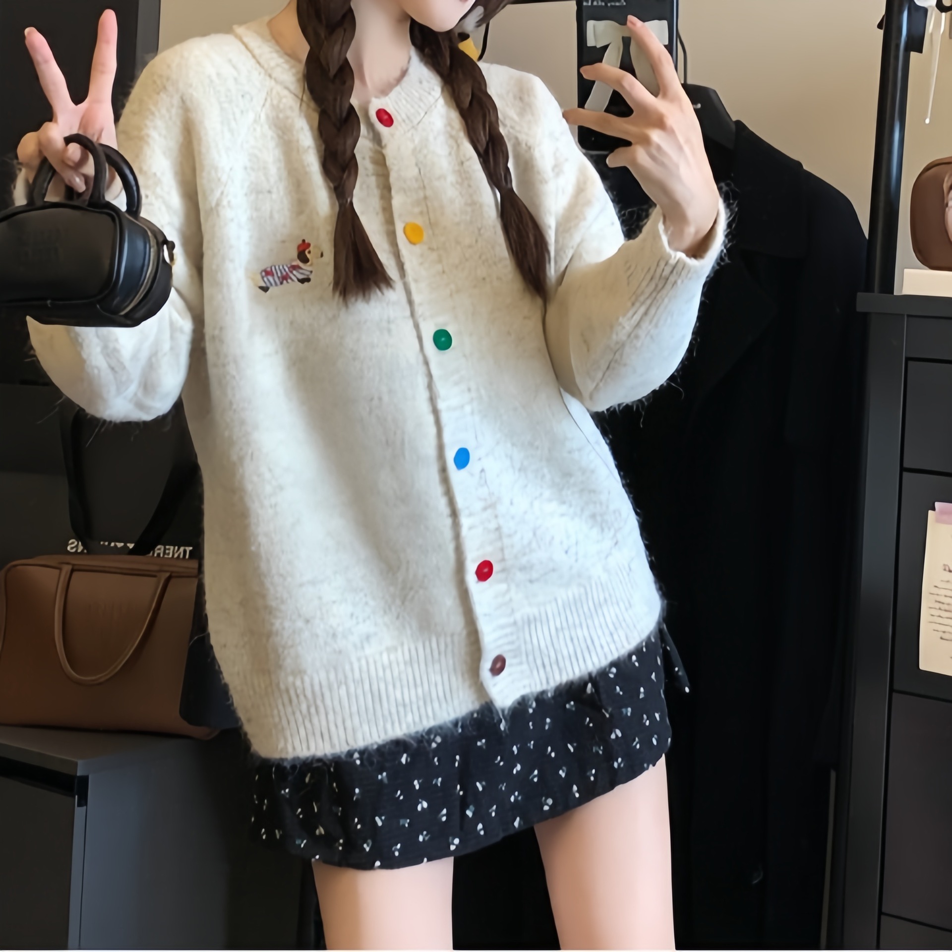 (2개) 가을과 겨울 캔디 컬러 버튼 스웨터 카디건 여성 강아지 자수 소프트 왁스 코트 스위트 올 매치 아메리칸 스타일 레트로 탑