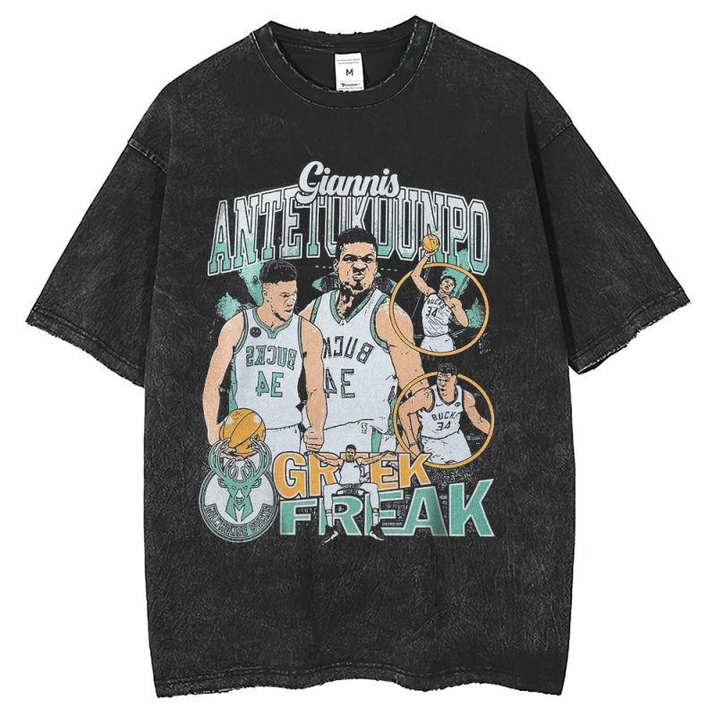 American Retro Milwaukee Bucks Basketball Star Printed Short-sleeved T-shirt High Street Washed Dressed Top Trendy