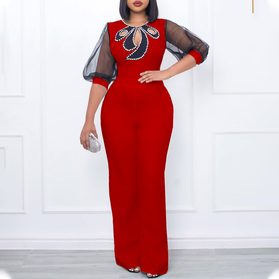 D3183 ropa de mujer de comercio exterior 2023 Verano manga corta puff manga larga cuentas sexy cintura de pierna ancha más tamaño mono transfronterizo