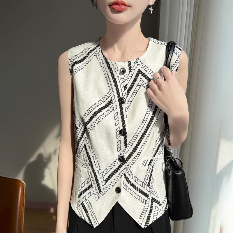 Women's Round-Neck Tencel Linen Sleeveless Vest Cardigan, New Summer Style, Plaid Color-Blocking Design, Slim Fit and Flattering