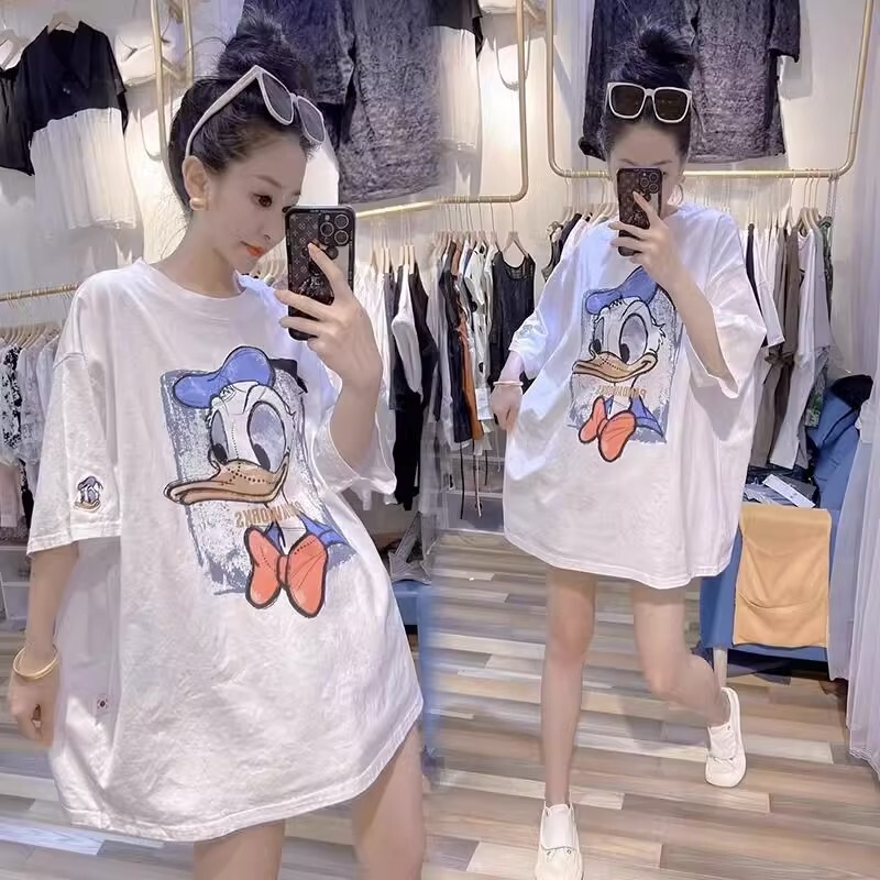Oversize 1.00 kg-150.00 kg chubby girl Spring Cartoon Donald Duck Printed Short-sleeved T-shirt Women's Stylish Fashionable Loose Top