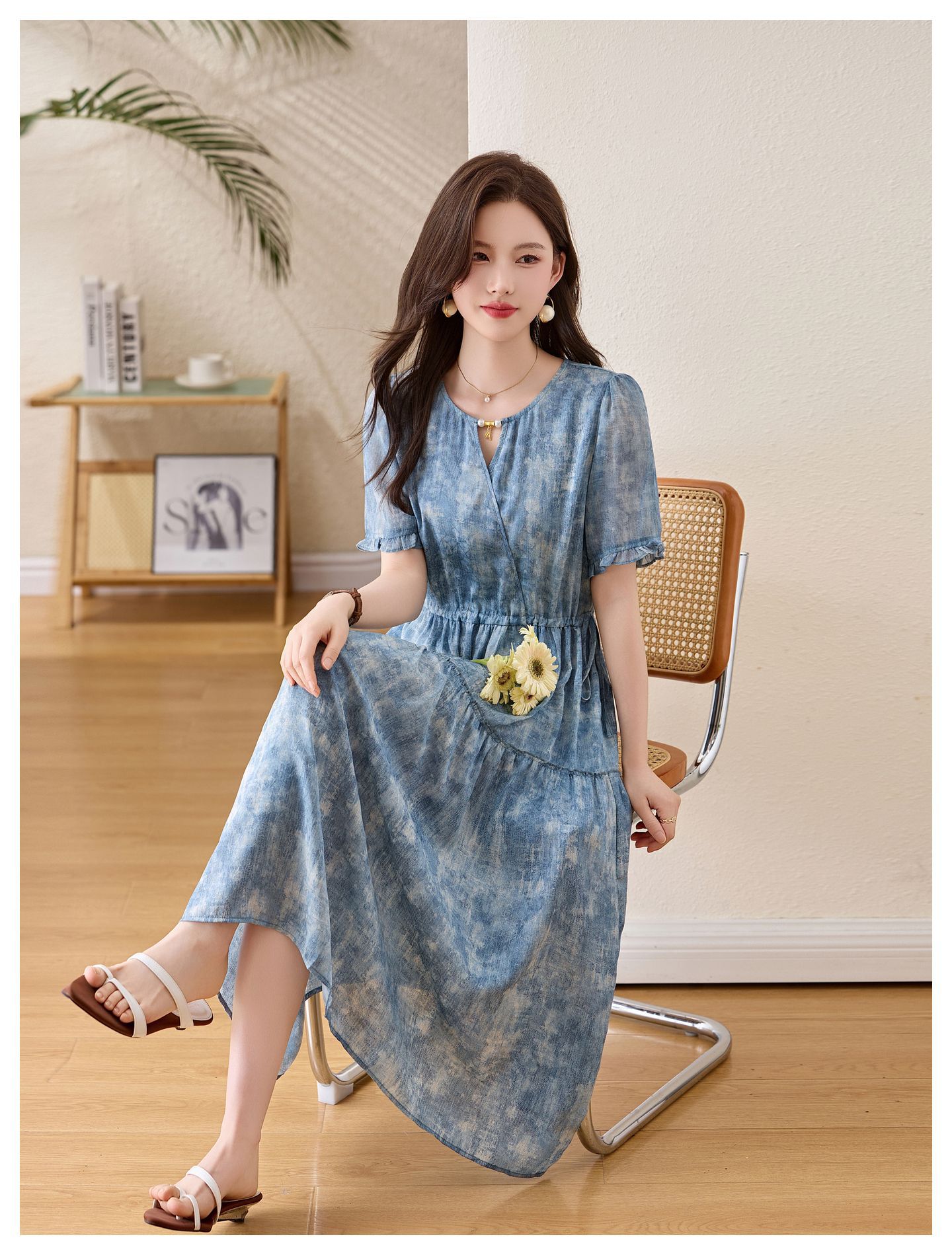Đầm maxi nữ thắt eo cổ V tay ngắn họa tiết hoa dáng dài GT8207 — xanh lam, Màu hồng chi tiết 18