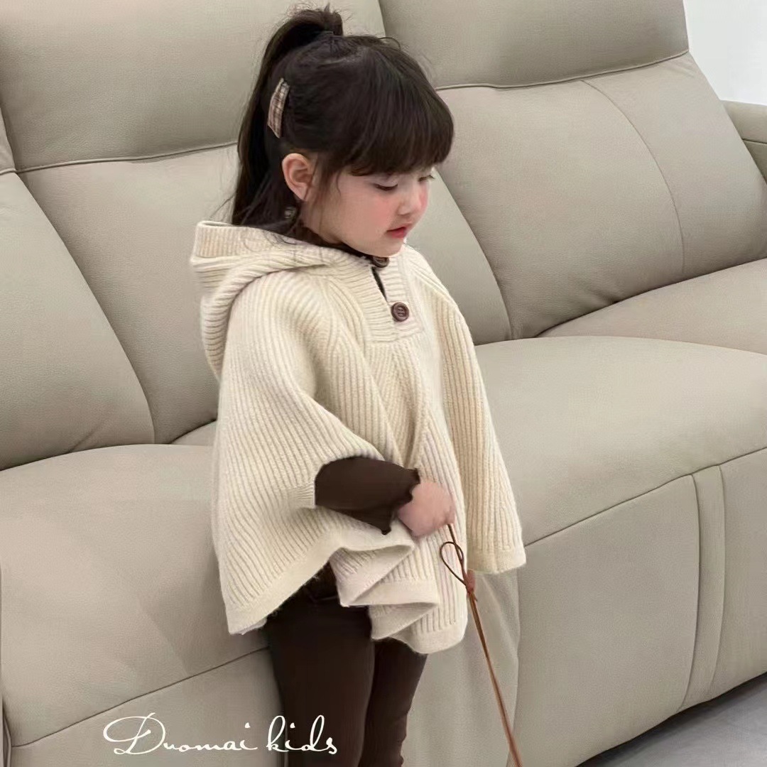 2025 otoño nuevo suéter de niña coreano bebé femenino moda exterior suelta camisa de punto con capuz abrigo abrigo abrigo