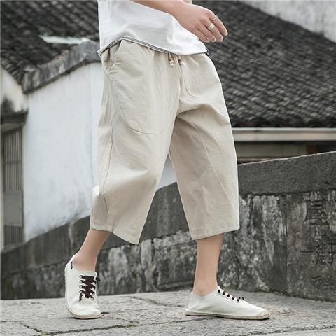 Pantalones cortos de algodón y lino de estilo chino, pantalones de entrepierna rectos sueltos de verano para hombres, pantalones casuales grises de pierna ancha de talla grande