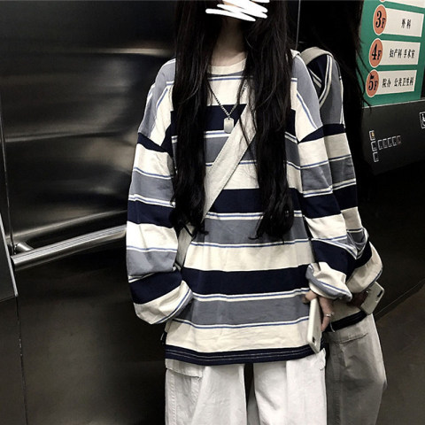 跨境日韩风格2023春秋新款条纹长袖t恤女宽松大码学生百搭上衣ins