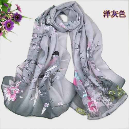 Spring and summer new style silk scarf with magpie heralding spring pattern, women's chiffon long scarf, wholesale from Yiwu small scarves and shawls
