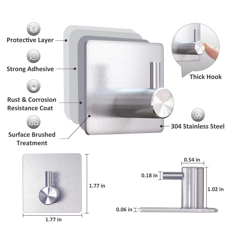 304 Stainless Steel Adhesive Hooks Wall-Mounted Clothes Hooks with 3m Adhesive, No-Nail Installation, Modern Minimalist Style Storage