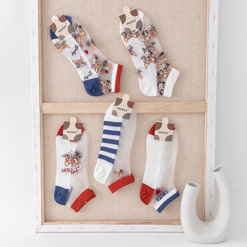 2021 spring and summer new socks women's thin small fresh Japanese cat card stockings women's boat Socks Crystal stockings breathable