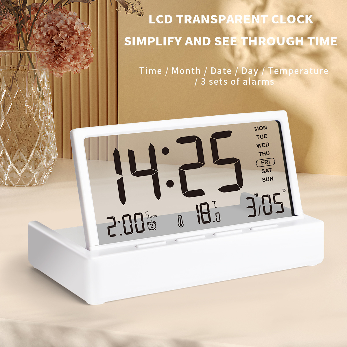 New Model of Cross-Border Alarm Clock, Lcd Foldable Desktop Ornament, Multifunctional Temperature Display Clock with Large Screen and Transparent Window