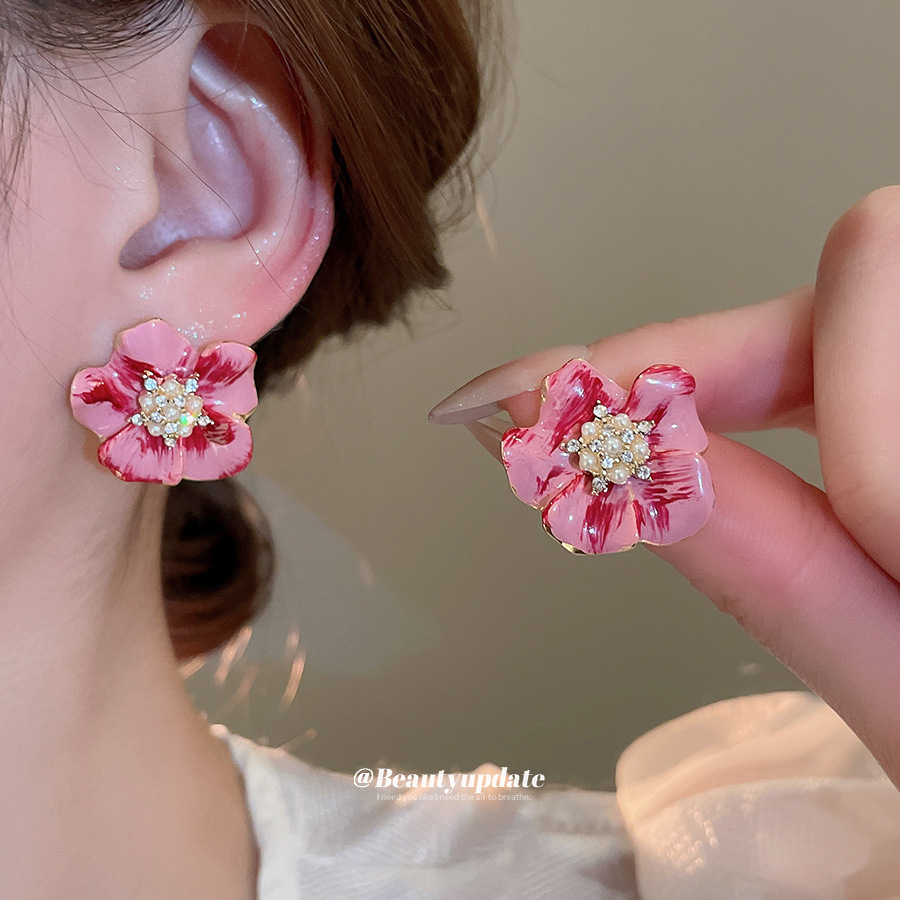 Pendientes de perlas de flores de diamantes con aguja de plata Pendientes de temperamento fresco y dulce estilo ins coreano Pendientes de lujo ligero de alta calidad