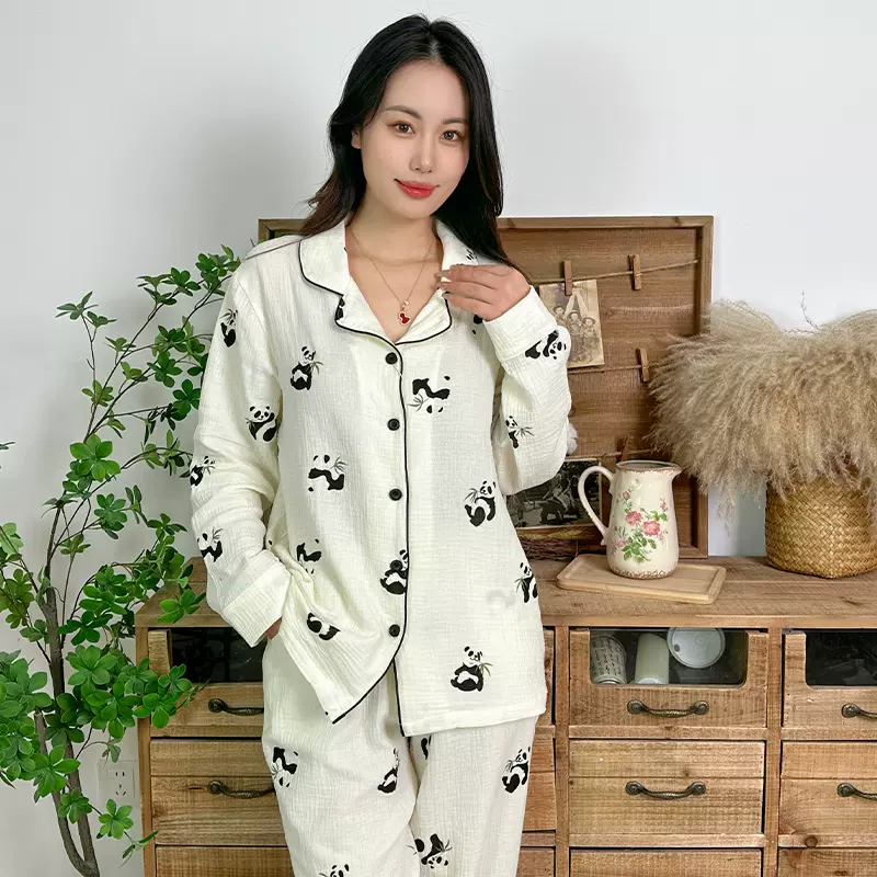 shopee春夏款纯棉睡衣套装女薄款长袖长裤翻领家居服舒适贴肤