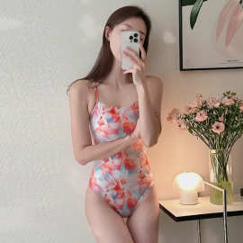 新款碎花晕染连身竞速泳衣性感吊带专业学游泳女夏专用运动游泳衣