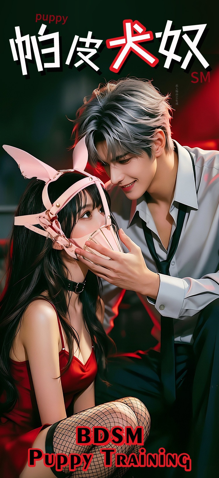 SM Puppy Play Bondage Headgear and Face Accessory Set in Pink PU Leather — detail image 1