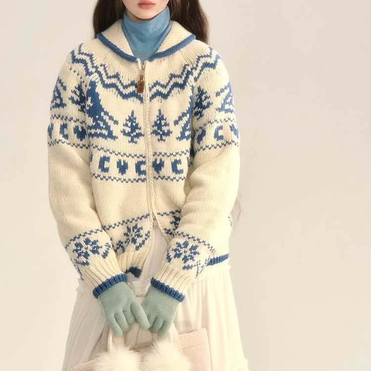 Kadın Giyim Kış Kayak Orijinal Nordic Retro Fair Isle Noel Ağacı Kazak Bol Örgü Hırka Ceket_voghion.com