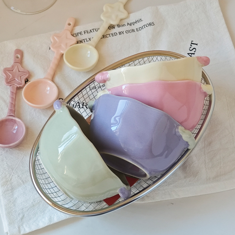 [Sugar Beans] Color-Blocked Bead Dot Bowl Ins Girly Heart Cream Style Exquisite High-Value Dessert Bowl Salad Bowl Rice Bowl