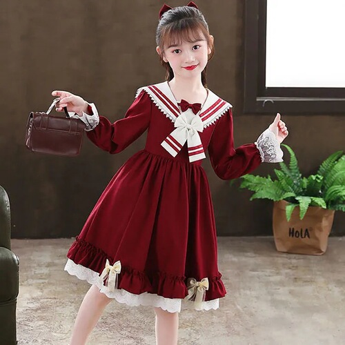 Girls Lolita Princess Dress Autumn New Zhongda Children's College Style Dress Girls Fashionable Long Sleeve Skirt