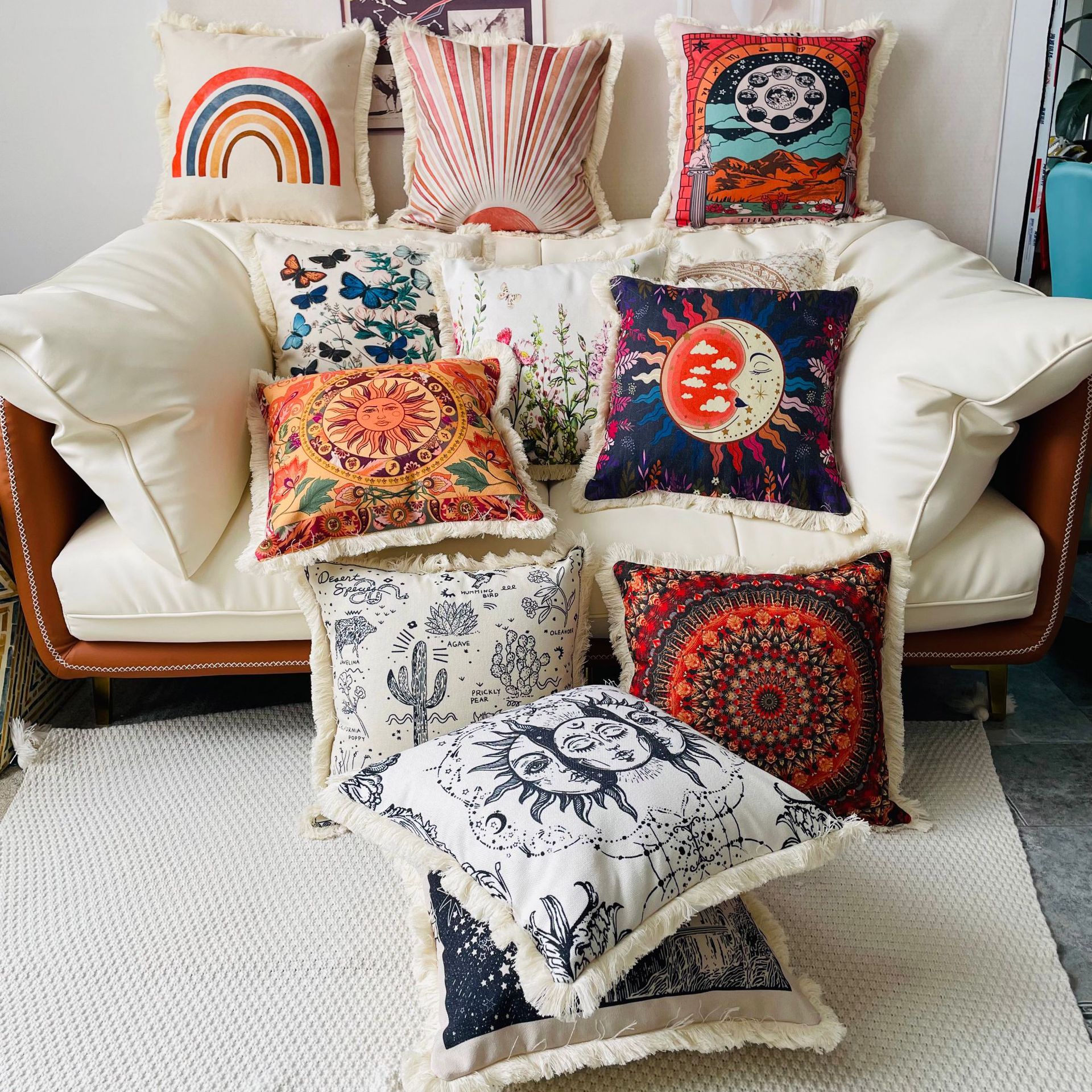 European and American style around tassel edge decorative plant flower cotton linen printed pillowcase home decoration sofa cushion cover_voghion.com