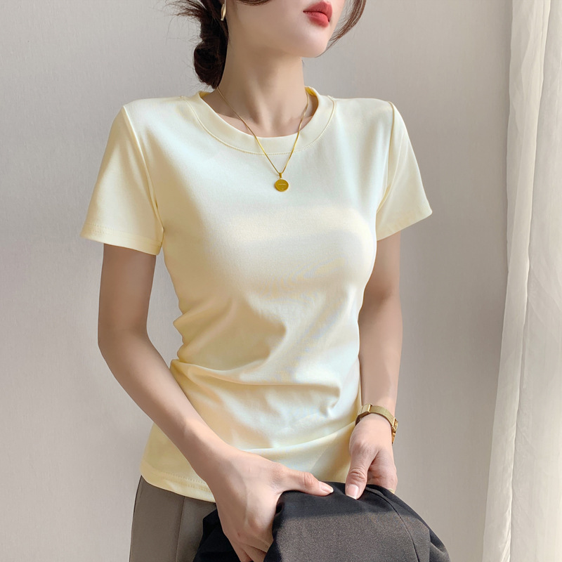 女性のための白い半袖右肩 Tシャツ 2025 夏の新しいラウンドネックスリムフィット Tシャツトップ|undefined