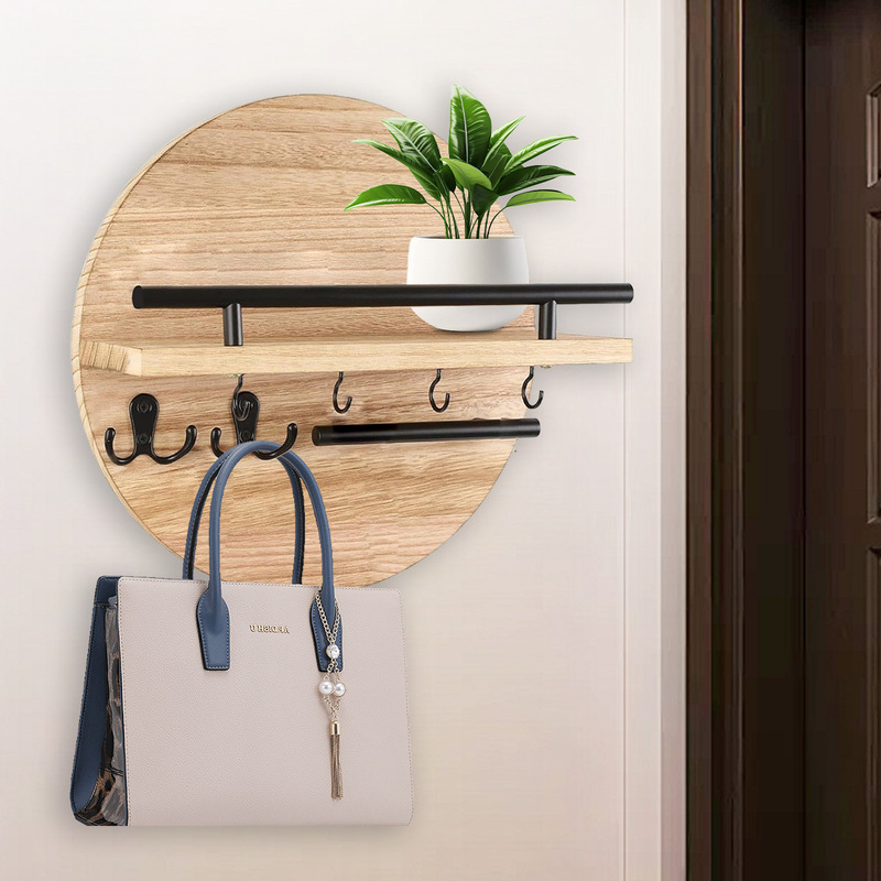 Retro Wooden Wall-Mounted Wall Storage Rack Round Shelf Storage Rack Entrance Key Rack Solid Wood Home Decoration Rack