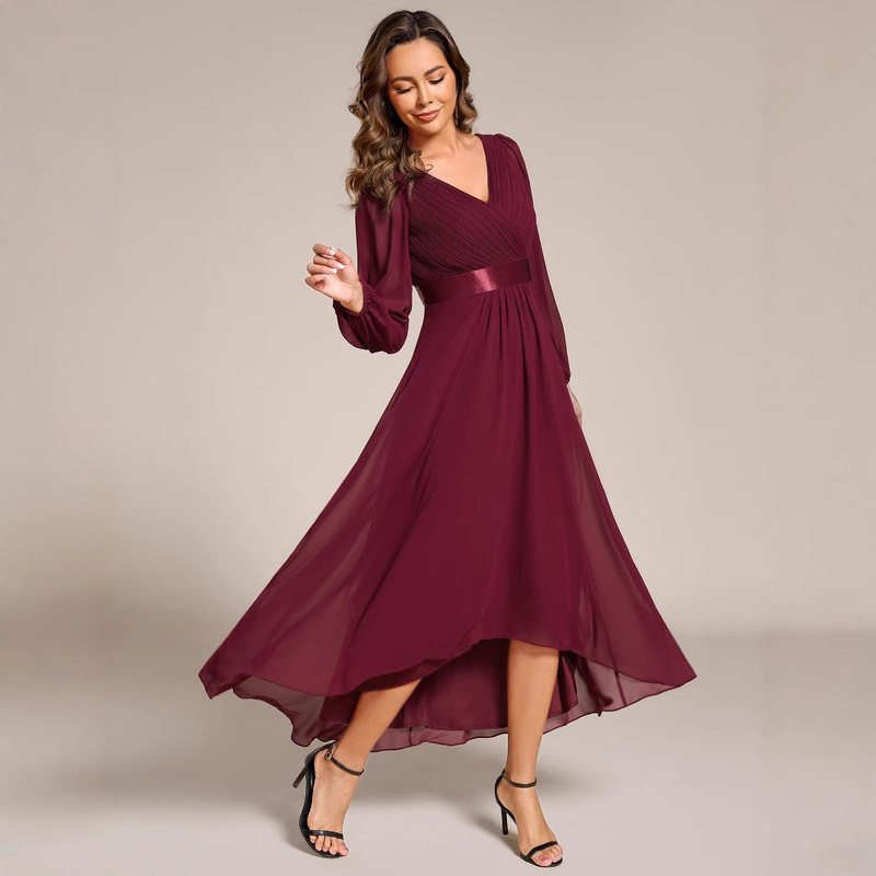 2025 Cross-border Women Autumn Chiffon V-neck Long Sleeve High and Low Tea Long A- line Formal Wedding Guest Dress